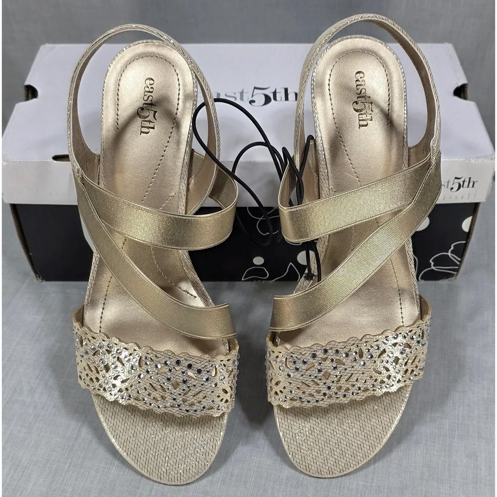 East‎ 5th Gladie Gold Wedge Sandals Rhinestone Dress Shoes Womens 8.5M 106-0208